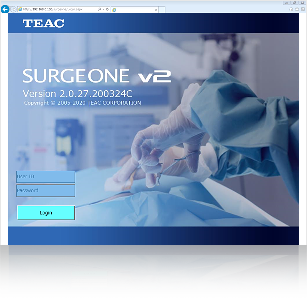 Surgical Video Recording System SURGE ONE v2 Login via Web Browser